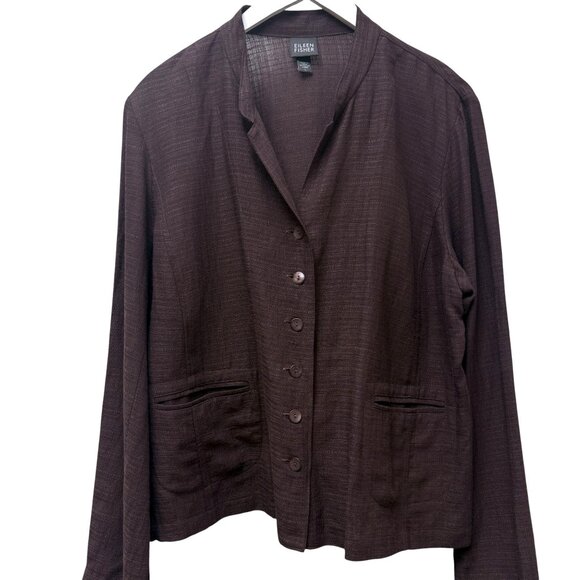 EILEEN FISHER Womens Jacket Large Brown Plum Linen Blend Light Blazer Lagenlook - Picture 1 of 8